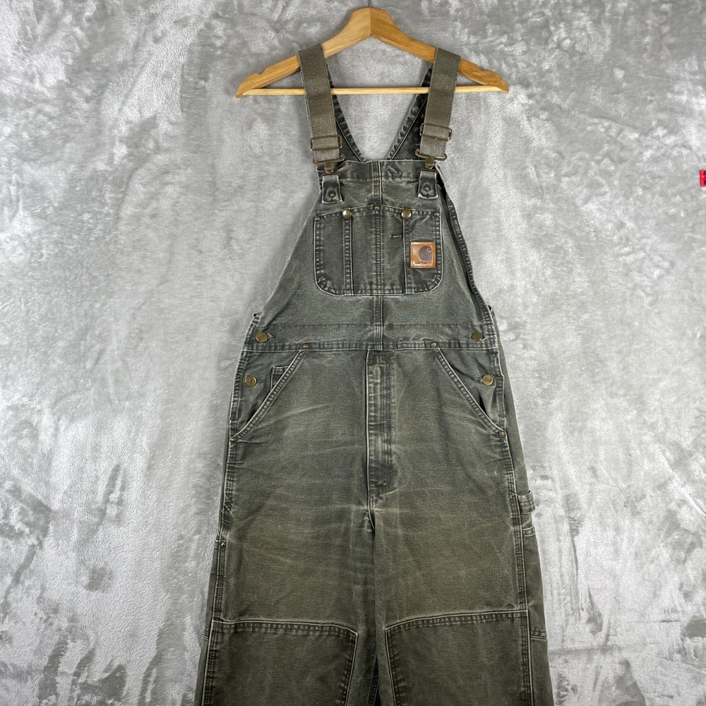Vtg Carhartt Overalls Mens 32x30 Moss Green Double Knee Duck Canvas R06 MOS Fade